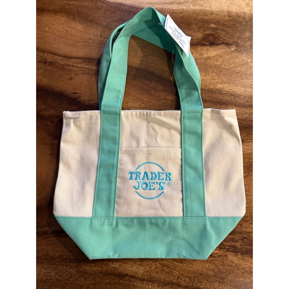 Trader Joes Mini Pastel Canvas Tote Bag Mint Green Cream NWT